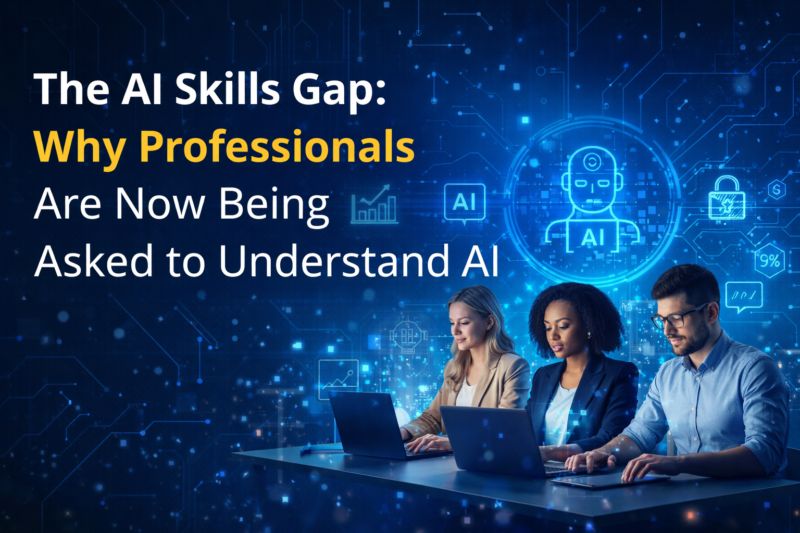 Professionals working with artificial intelligence tools illustrating the growing AI skills gap in modern workplaces