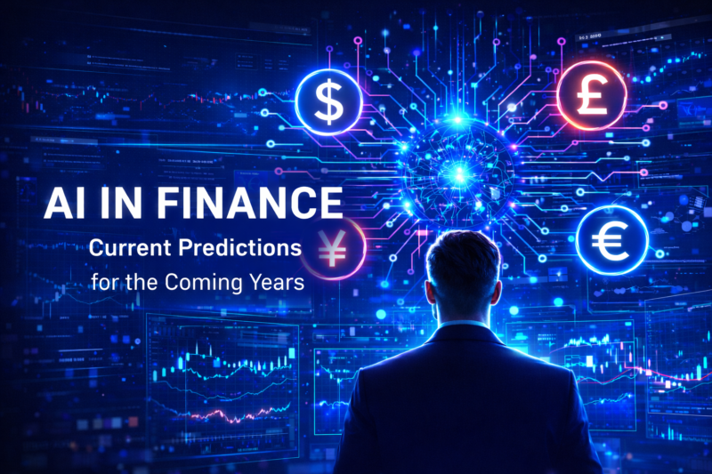 AI in finance concept showing financial data dashboards and currency symbols powered by artificial intelligence