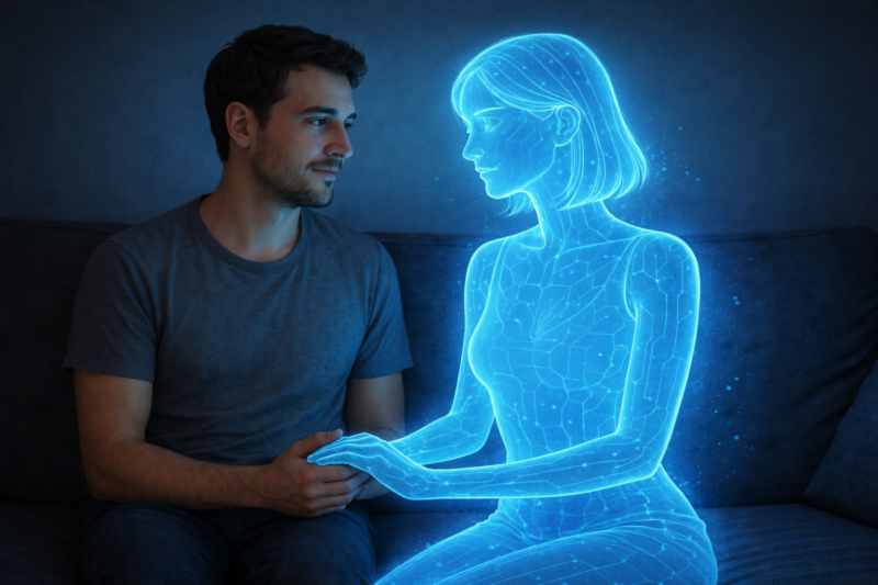 Human interacting with a holographic AI companion representing virtual companionship and digital relationships with artificial intelligence
