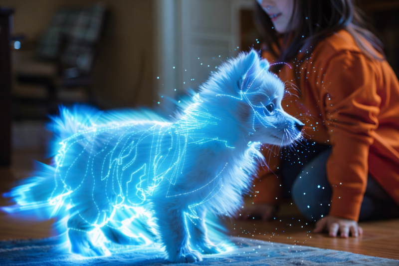 Child interacting with an AI powered virtual pet dog illustrating artificial intelligence companionship and digital pets
