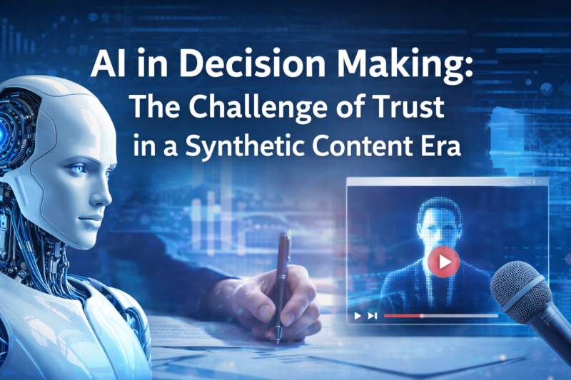 AI decision making concept showing robot, human interaction, and synthetic video content representing trust challenges