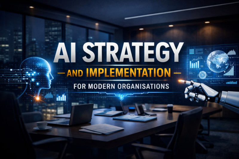 AI Strategy and Implementation for Modern Organisations AI strategy and implementation for modern organisations course banner with digital interface, business analytics, and artificial intelligence visuals in office settin