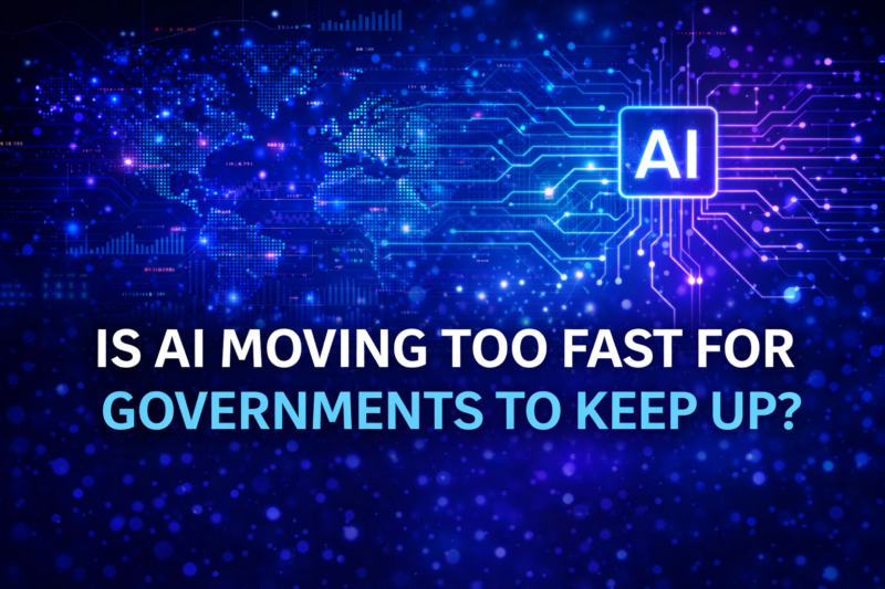 AI growth and regulation concept with neon circuitry and global digital network background