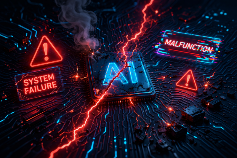 AI Failures and the Risks of Over Trusting AI AI failures and risks of over trusting artificial intelligence shown as a damaged circuit with system failure warnings