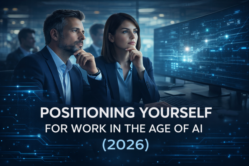 Professional man and woman in a modern office analysing digital data on a screen with subtle AI interface overlays representing workplace technology in 2026