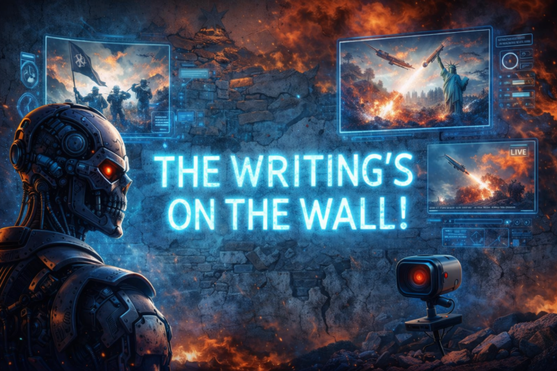 AI War and Propaganda: Can We Still Trust What We See? Futuristic AI robot observing simulated war scenes on digital displays with the writing is on the wall message highlighting concerns around AI propaganda and media manipulation