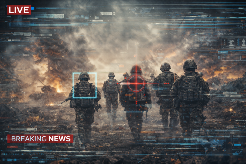 AI War and Propaganda: Can We Still Trust What We See? AI influenced war media image showing soldiers in a battlefield with digital overlays and targeting interface highlighting manipulation and propaganda risks