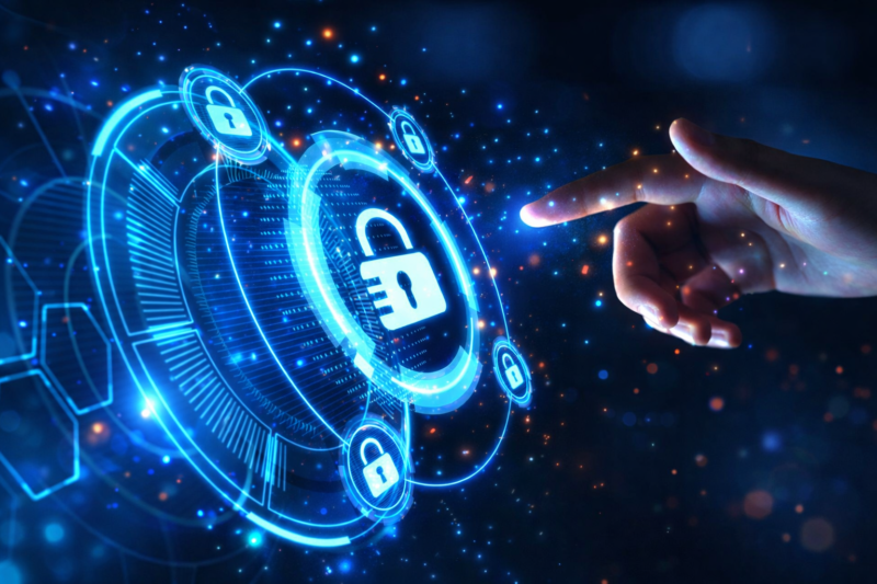 AI data privacy concept showing a hand interacting with a glowing digital lock surrounded by neon data networks and cybersecurity visuals