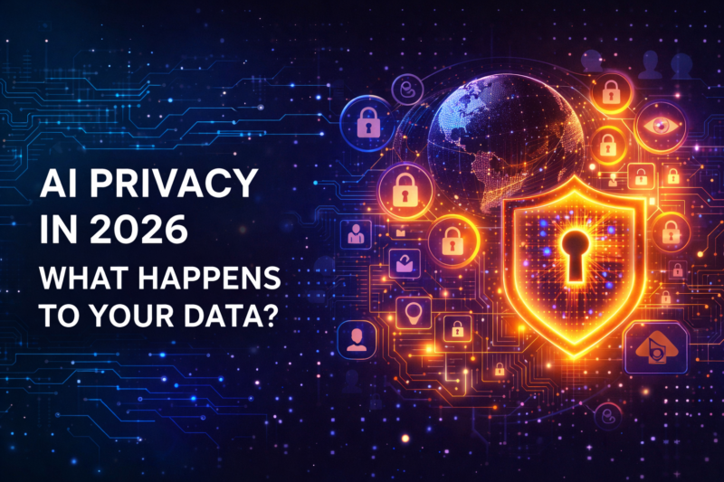 AI Privacy in 2026: What Really Happens to Your Data? AI privacy in 2026 illustration showing data protection shield, global network and digital security icons