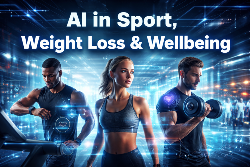 AI in sport fitness and wellbeing gym scene with people training and neon circuitry data overlays