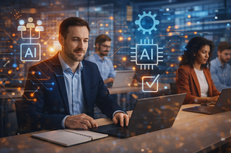 AI in the office with multiple professionals using laptops, showing workflow automation, team collaboration, and artificial intelligence systems in a modern workplace