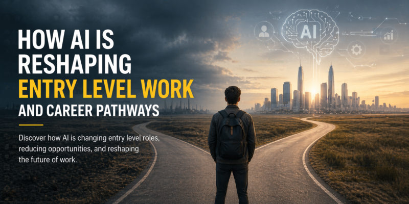 AI reshaping entry level work crossroads future career pathways city skyline technology