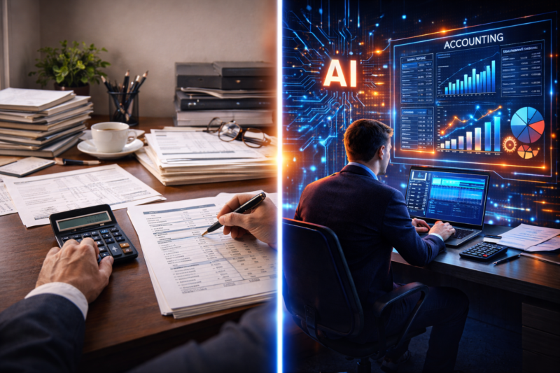 “Traditional accounting desk with paper records and calculator transitioning into a modern AI driven digital accounting workspace”
