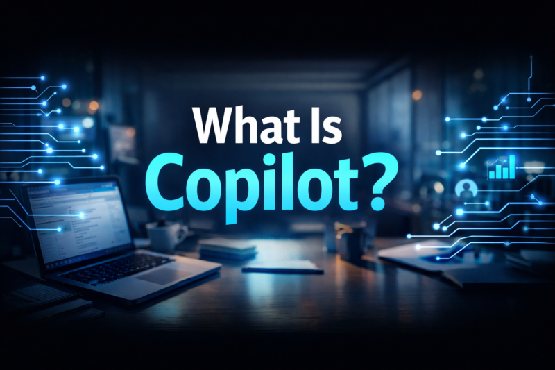 Microsoft Copilot concept image showing AI powered office workspace with laptop, data visuals and neon circuitry representing everyday productivity tools