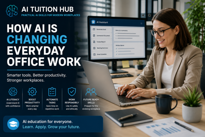 AI Tuition Hub workplace AI learning showing how Artificial Intelligence is changing everyday office work, productivity, and administration