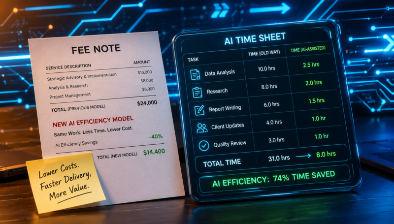 AI efficiency and lower fees concept image showing an AI time sheet, reduced operational costs, faster delivery, and AI driven business competition in a futuristic office setting.