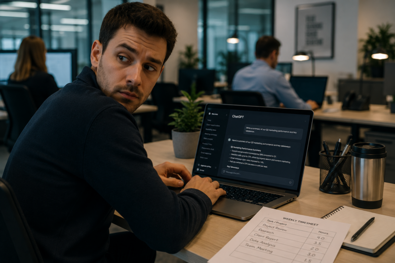 Employee secretly using AI at work with Artificial Intelligence in the workplace helping improve productivity and workplace performance