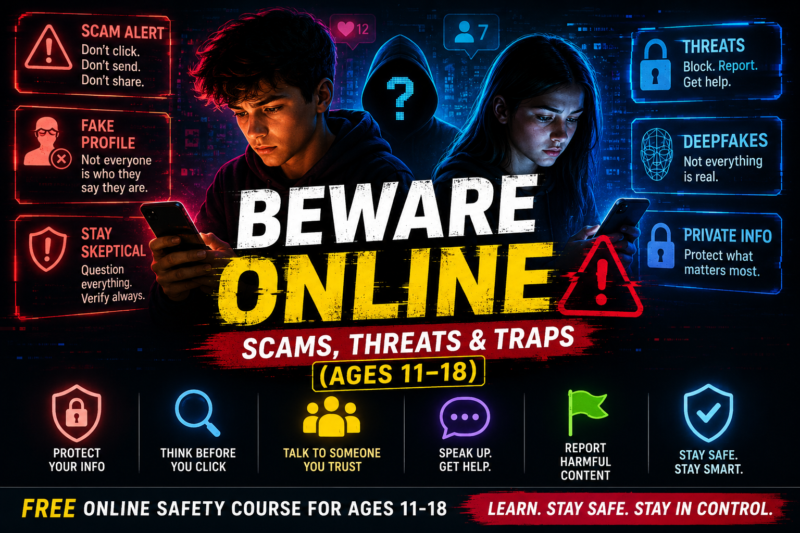 Online safety for teenagers in 2026 covering scams, deepfakes, online threats, fake accounts, and digital safety for ages 11–18.