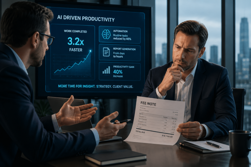 Finance client questioning a fee note as artificial intelligence reduces report writing and administrative workloads