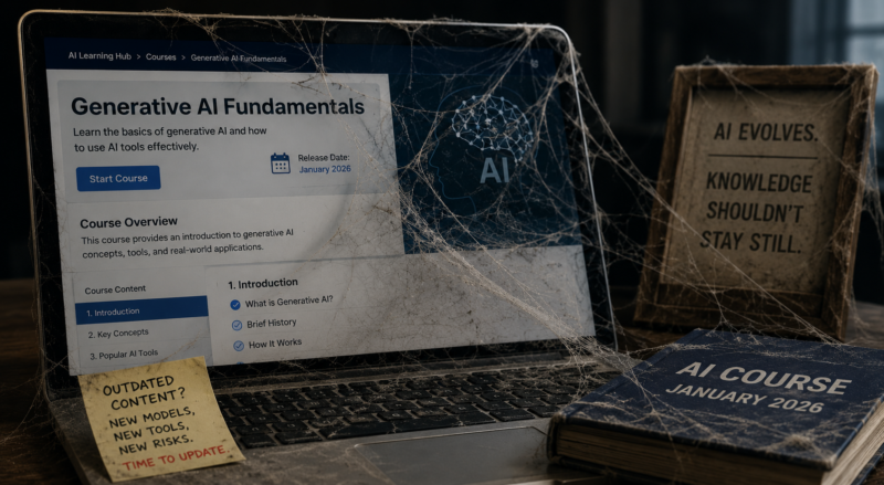 Why AI Education Cannot Stand Still illustration showing an AI course from January 2026 already appearing outdated due to rapid artificial intelligence developments and changing AI tools.