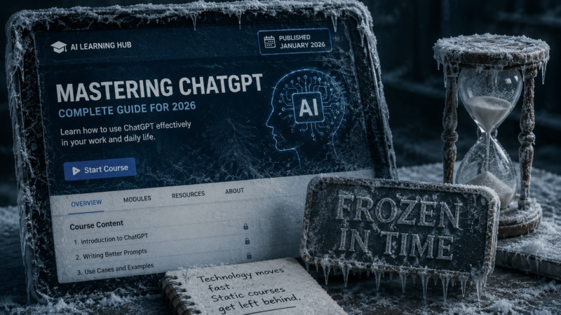 chatgpt image jun 20, 2026, 12 19 28 pmWhy AI Education Cannot Stand Still illustration showing an AI course frozen in time while artificial intelligence developments, AI tools and workplace skills continue to evolve.