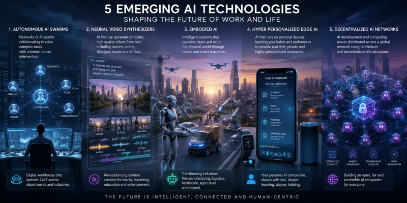 Five Emerging AI Technologies including Autonomous AI Swarms, Neural Video Synthesizers, Embodied AI, Hyper Personalized Edge AI and Decentralized AI Networks shaping the future of work.
