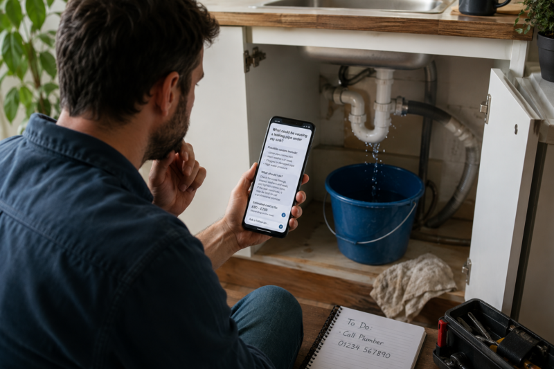 AI DIY helper helping a homeowner investigate a leaking pipe and potential plumbing repair costs