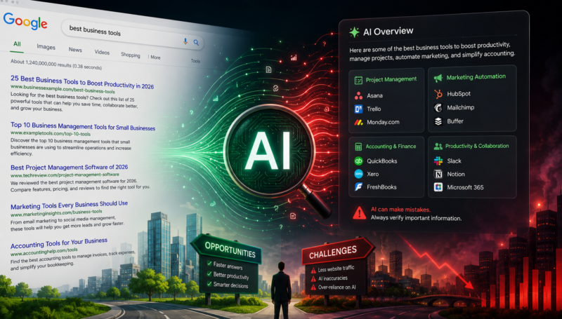 AI Search Is Changing Google illustration showing AI search, website traffic, SEO, digital marketing, business opportunities and AI accuracy challenges.
