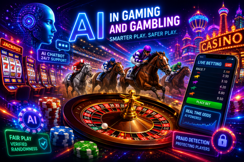 AI in Gaming and Gambling showing AI-powered casino technology, roulette, horse racing, live betting odds, AI chatbots and responsible gambling.
