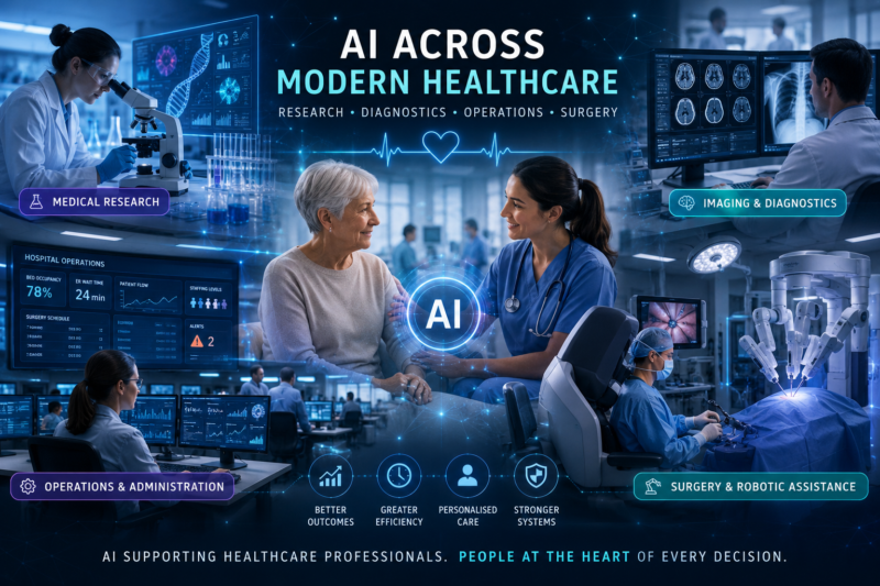 AI Across Modern Healthcare showing medical research, diagnostic imaging, hospital operations and robotic surgery supported by artificial intelligence.