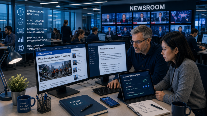 AI in Journalism and Media newsroom using Artificial Intelligence for real time reporting, fact checking and news verification