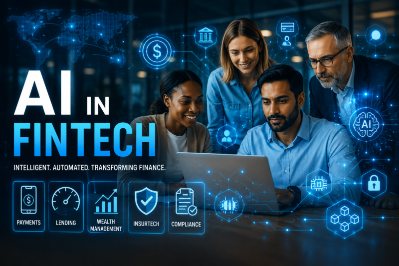 AI in FinTech course banner showing professionals using Artificial Intelligence in financial technology, with digital finance icons representing payments, lending, wealth management, insurance, compliance, and automation in a futuristic financial services environment.