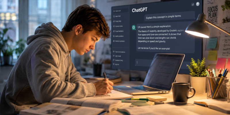 Student using ChatGPT for coursework and study support in a modern learning environment – Artificial Intelligence in Education 2026