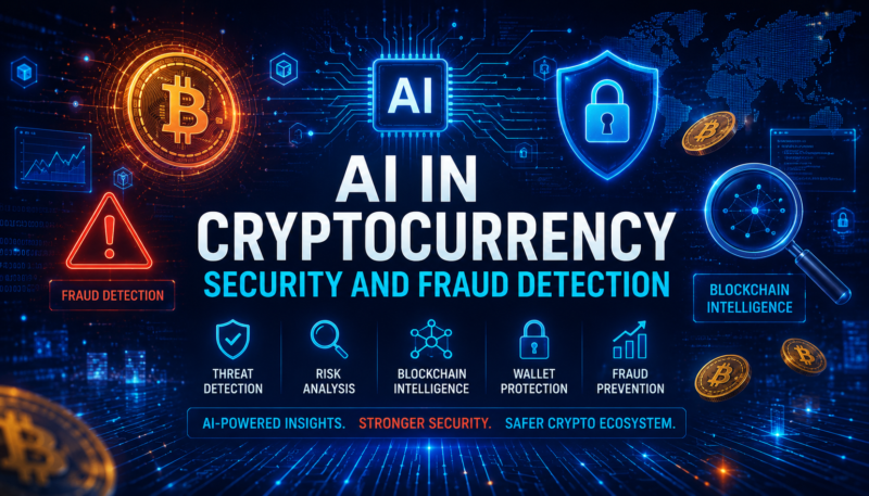 AI in Cryptocurrency Security and Fraud Detection banner featuring Bitcoin, Artificial Intelligence, blockchain intelligence, fraud detection, wallet protection and cybersecurity visuals.