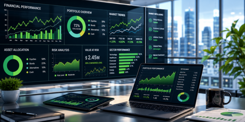 AI in Financial Analysis and Wealth Management showing digital investment dashboards, portfolio analytics, market intelligence and financial performance charts.