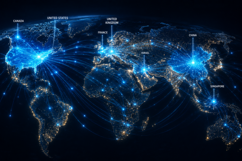 AI economic impact visualisation showing global AI suppliers, AI customer economies and worldwide artificial intelligence connectivity.