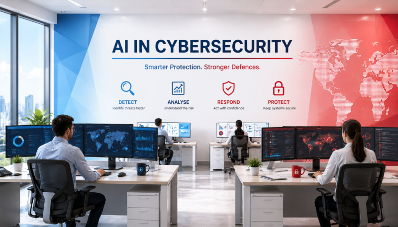 AI in cybersecurity operations centre with analysts monitoring cyber threats and behavioural analysis dashboards.