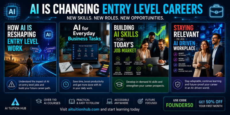 AI Is Changing Entry Level Careers with AI courses covering workplace skills, AI business tasks, job market skills and staying relevant in an AI-driven workplace