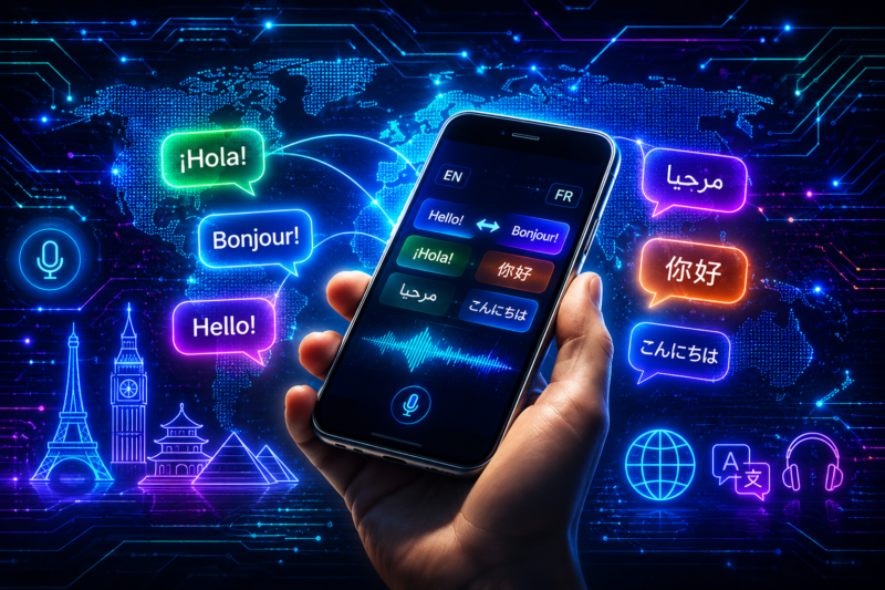 AI Translation Is Far More Advanced Than Many People Realise illustrated by a smartphone providing real time multilingual AI translation.