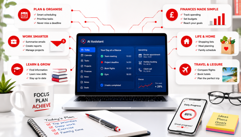 AI for Personal Productivity dashboard showing an intelligent AI assistant helping organise work, schedules, finances, travel, learning and everyday life.