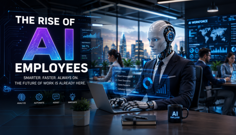 The Rise of AI Employees concept showing a humanoid AI employee working alongside people in a modern office, representing the future of AI in business.