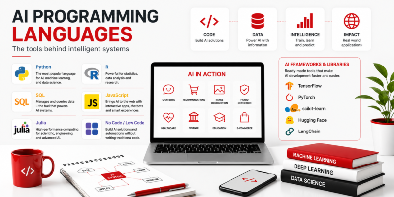 AI programming languages infographic showing Python, SQL, JavaScript, R, Julia, AI frameworks and real world artificial intelligence applications on a modern white and red technology workspace.