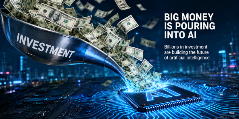 AI investment illustration showing billions of dollars pouring into artificial intelligence infrastructure, AI chips and advanced technology as companies increase spending on the future of AI.