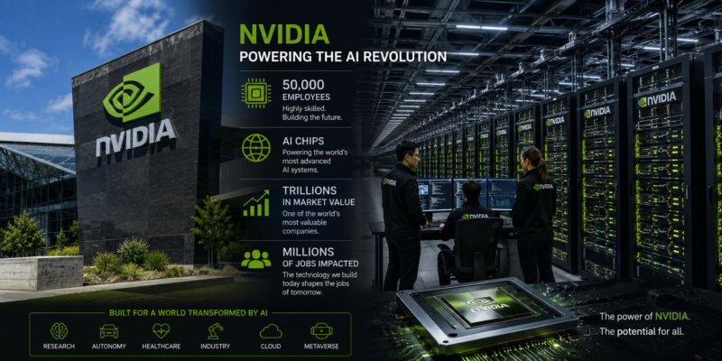Nvidia AI chips and data centre infrastructure illustrating how AI investment is powering artificial intelligence and raising questions about the future of jobs.