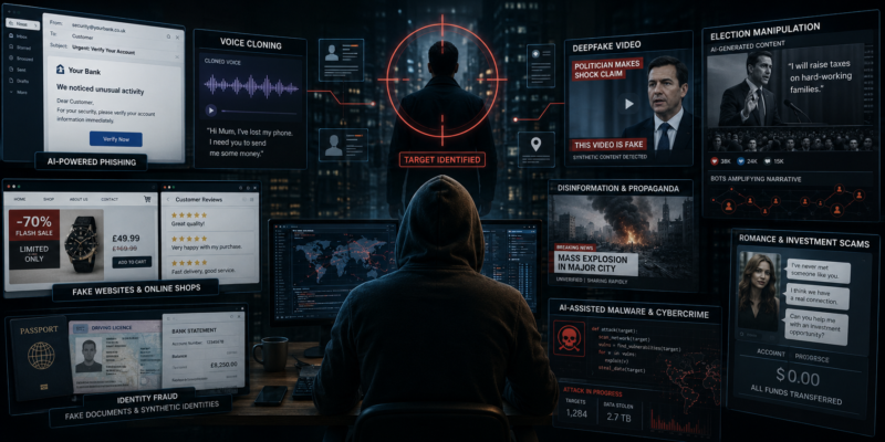 The Growing Criminal Use of AI featuring phishing attacks, deepfake videos, voice cloning, fake websites, identity fraud, cybercrime, propaganda and AI-enabled scams.