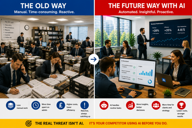Comparison of a traditional office and an AI-powered workplace illustrating that the real threat isn't AI, but competitors using artificial intelligence to improve business efficiency, productivity and customer service.