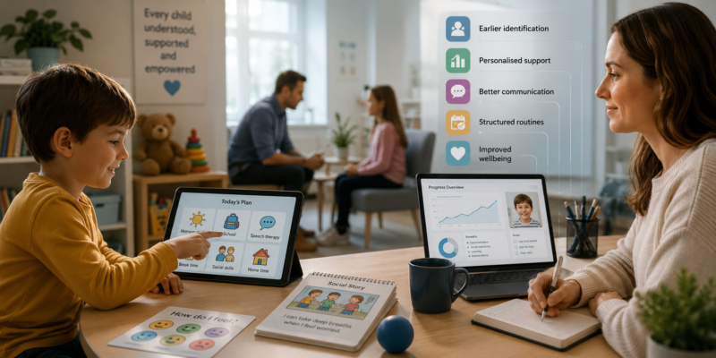 AI and neurodevelopmental conditions concept showing artificial intelligence supporting autism and ADHD diagnosis, personalised learning, communication and child development.