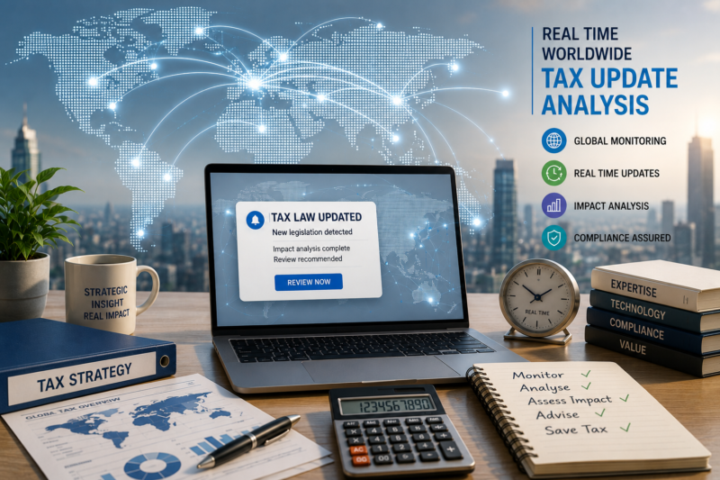 The Rise of the AI Tax Professional showing real time worldwide tax update analysis, AI tax planning, global tax monitoring and artificial intelligence transforming tax compliance and advisory services.