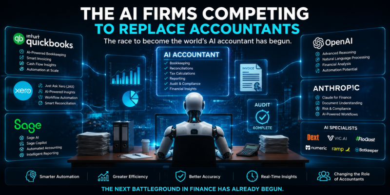AI firms competing to replace accountants, showing OpenAI, Intuit, Xero and Sage developing AI accounting technology and the future of AI in accounting.