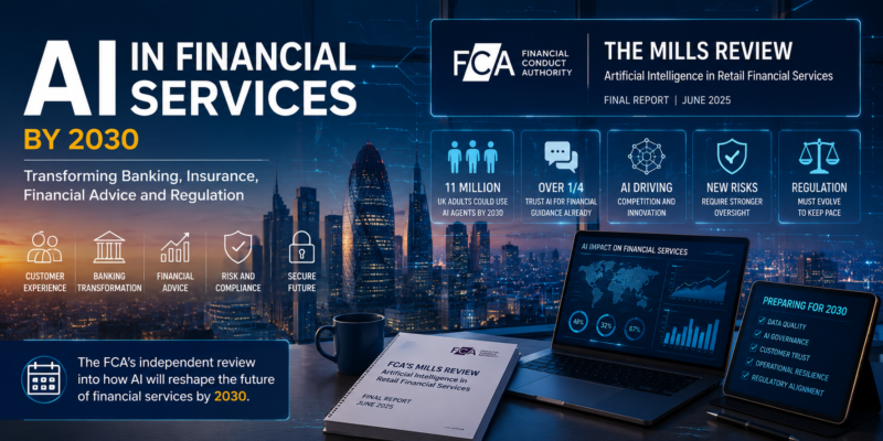AI in Financial Services by 2030 illustration showing the FCA's Mills Review exploring how artificial intelligence is transforming banking, insurance, financial advice and regulation.